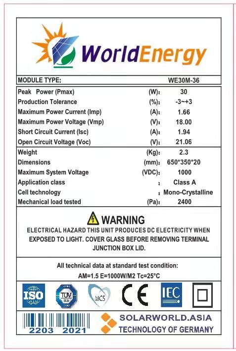 Thông số tấm pin năng lượng mặt trời Mono World Energy (WE30W)
